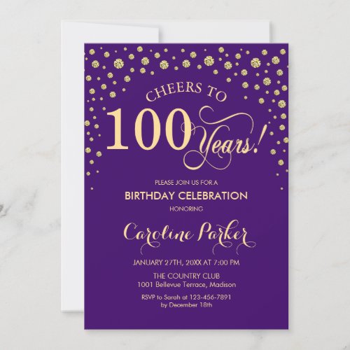 100th Birthday Party Invitation _ Gold Purple