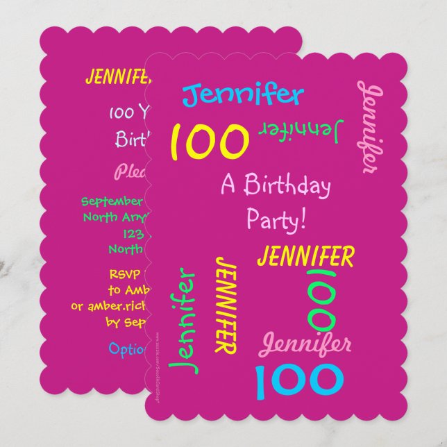 100th Birthday Party Invitation Hot Pink Customize (Front/Back)