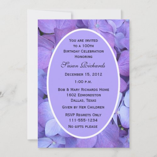 100th Birthday Party Invitation -- Hydrangeas
