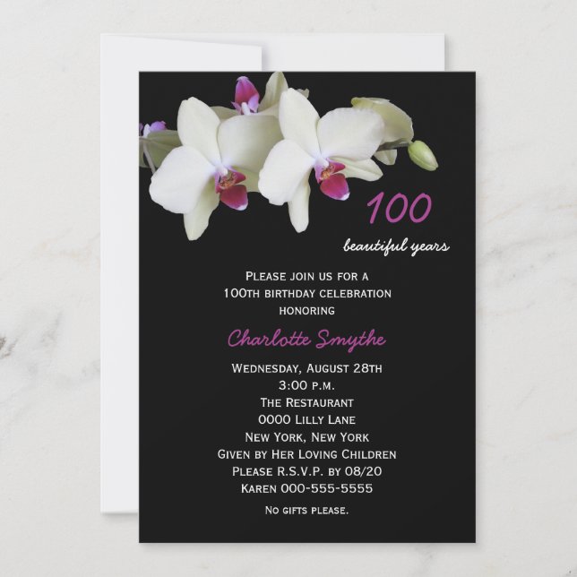 100th Birthday Party Invitation Orchids (Front)