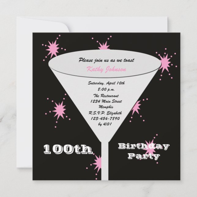 100th Birthday Party Invitation Pink 100th Toast (Front)