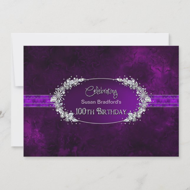 100TH BIRTHDAY PARTY INVITATION - PURPLE/GEMS (Front)