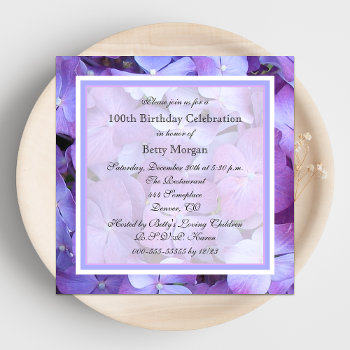 100th Birthday Party Invitation Purple Hydrangeas by henishouseofpaper at Zazzle