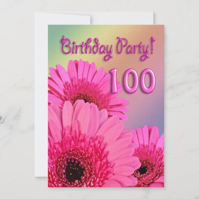 100th Birthday party invitation with pink flowers (Front)
