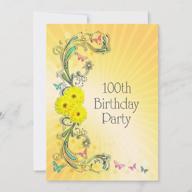 100th Birthday party Invitation with yellow flower (Front)