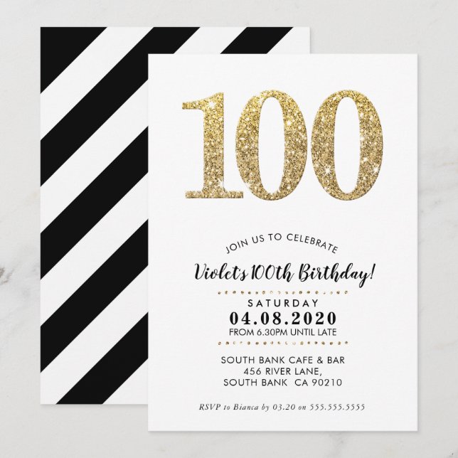 100TH BIRTHDAY PARTY INVITE modern gold glitter (Front/Back)