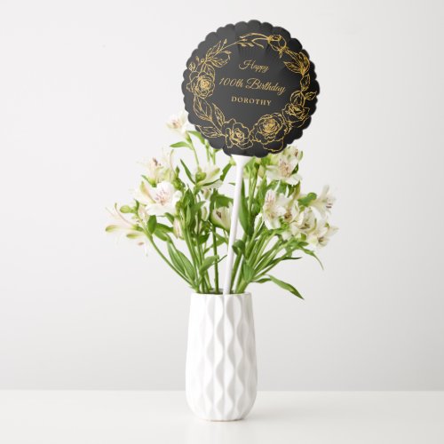 100th Birthday Party Luxe Gold Rose Floral Black Balloon
