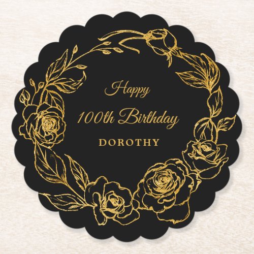 100th Birthday Party Luxe Gold Rose Floral Black Paper Coaster