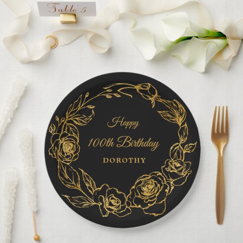 100th Birthday Party Luxe Gold Rose Floral Black Paper Plates