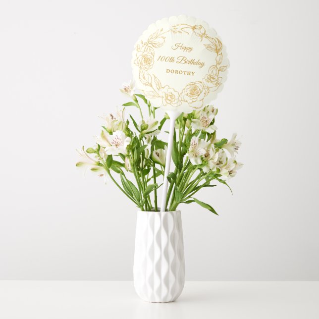 100th Birthday Party Luxe Gold Rose Floral Ivory Balloon (Vase)