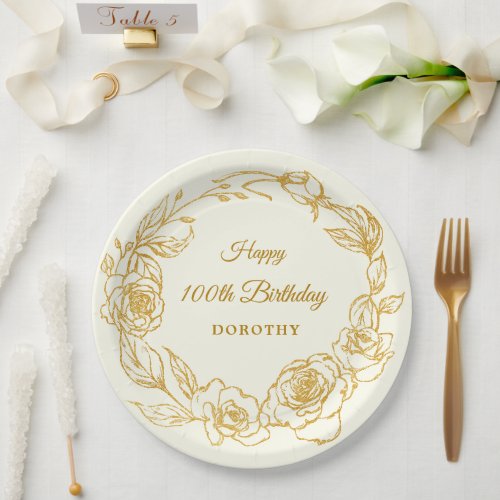 100th Birthday Party Luxe Gold Rose Floral Ivory Paper Plates