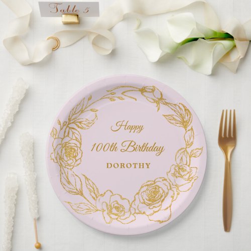 100th Birthday Party Luxe Gold Rose Floral Pink Paper Plates