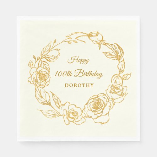 100th Birthday Party Luxe Gold Rose Ivory Cocktail Napkins
