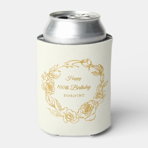 100th Birthday Party Luxe Gold Rose Ivory White Can Cooler