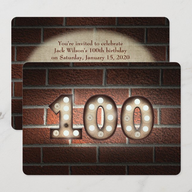 100th Birthday Party-marquee lights on brick Invitation (Front/Back)
