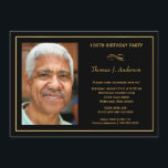 100th Birthday Party Men's Black and Gold Photo Invitation<br><div class="desc">Create your own 100th Birthday Party Invitations with your photo -- Elegant,  affordable,  and uniquely personalized for you!  Customize the name,  date,  and details for this happy occasion.  **NOTE:  Sized for 5x7 invitation cards.  Other sizes available.   © Teri Francis. Matching postage and thank you cards available.</div>