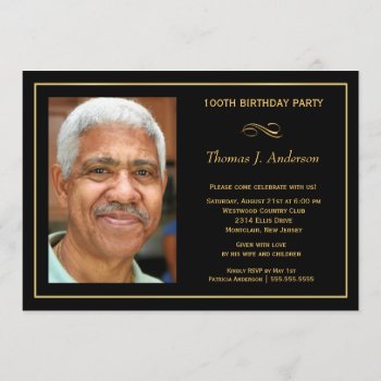 100th Birthday Party Men's Black And Gold Photo Invitation by SquirrelHugger at Zazzle
