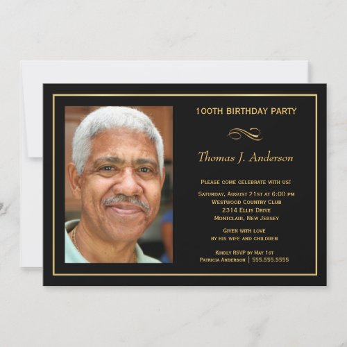 100th Birthday Party Mens Black and Gold Photo Invitation