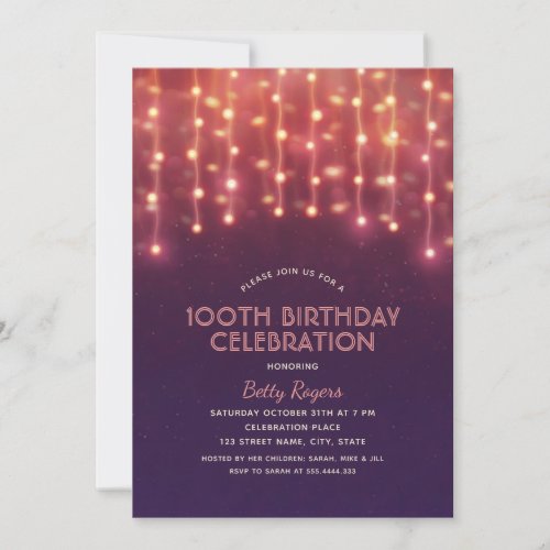 100th Birthday Party Modern Glitter String Lights Invitation