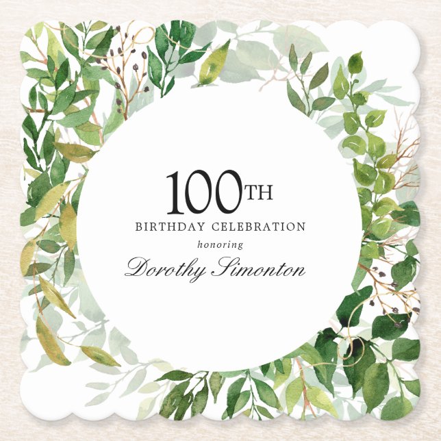 100th Birthday Party Modern Green Botanical Paper Coaster (Front)