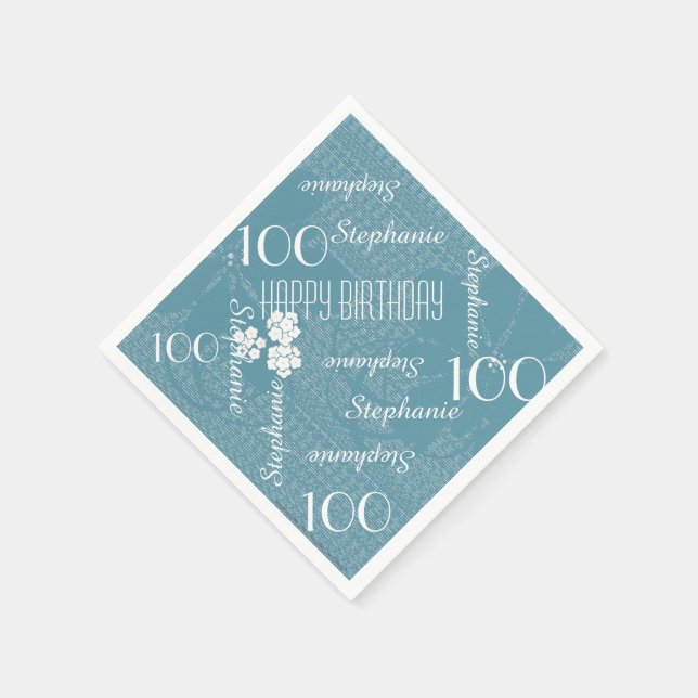 100th Birthday Party Name Pastel Blue Floral Paper Napkins (Corner)