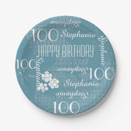 100th Birthday Party Name Plain Blue Floral Paper Plates