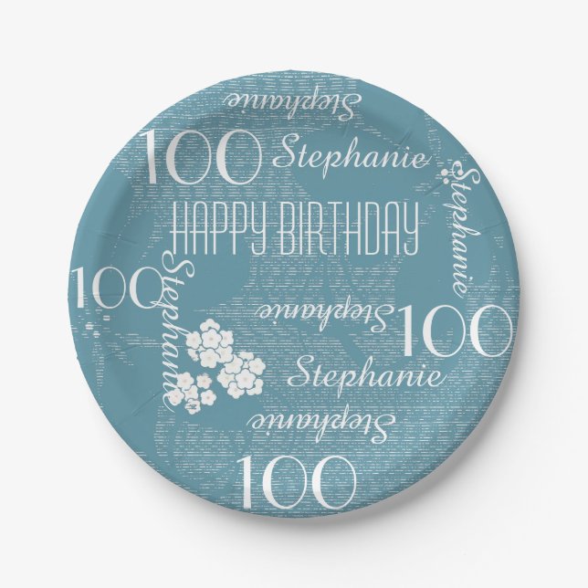 100th Birthday Party, Name, Plain Blue Floral Paper Plates (Front)