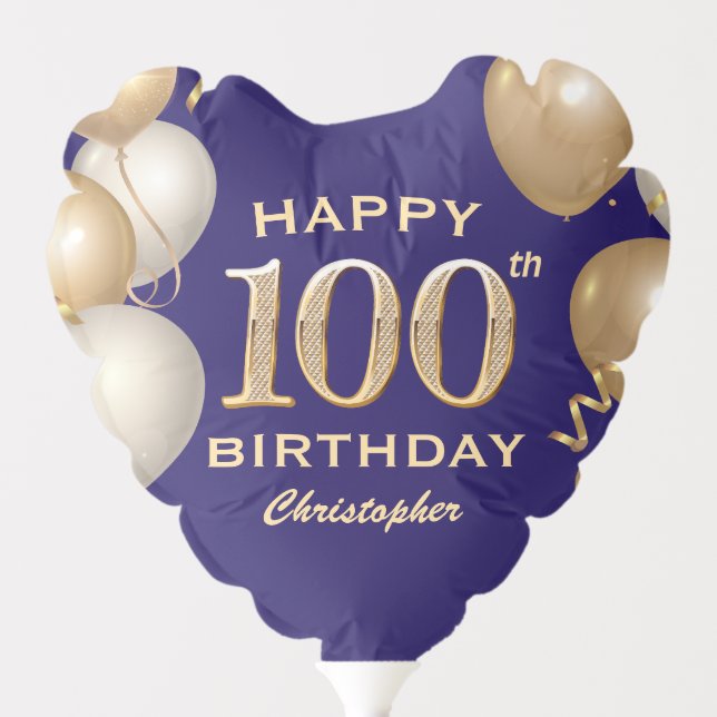 100th Birthday Party Navy Blue and Gold Balloons (Front)
