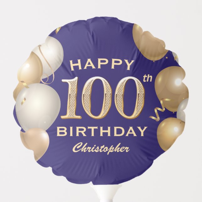 100th Birthday Party Navy Blue and Gold Balloons (Front)