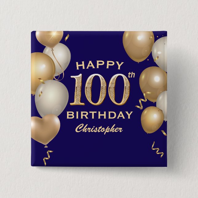 100th Birthday Party Navy Blue and Gold Balloons Button (Front)