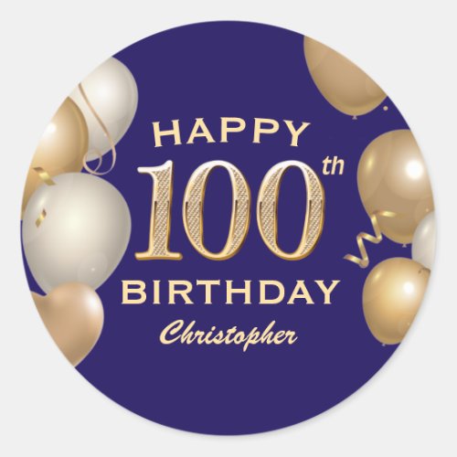 100th Birthday Party Navy Blue and Gold Balloons Classic Round Sticker