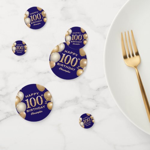 100th Birthday Party Navy Blue and Gold Balloons Confetti