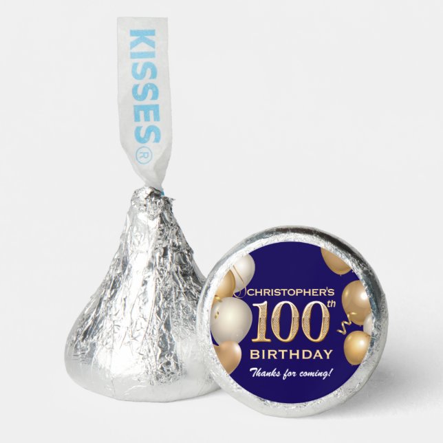 100th Birthday Party Navy Blue and Gold Balloons Hershey®'s Kisses® (Front)