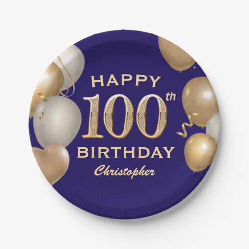 100th Birthday Party Navy Blue and Gold Balloons Paper Plates