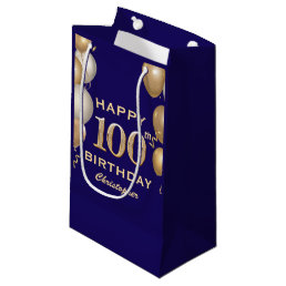 100th Birthday Party Navy Blue and Gold Balloons Small Gift Bag