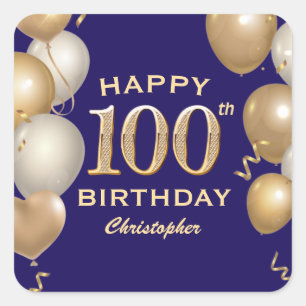 100th Birthday Party Navy Blue and Gold Balloons Square Sticker