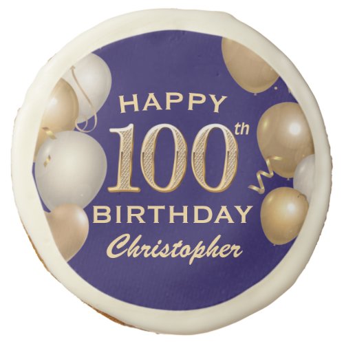 100th Birthday Party Navy Blue and Gold Balloons Sugar Cookie