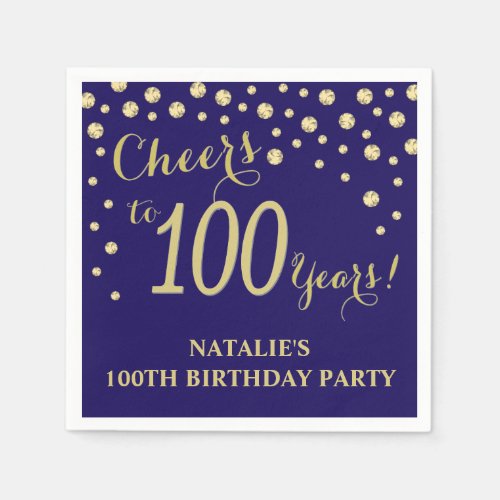 100th Birthday Party Navy Blue and Gold Diamond Napkins