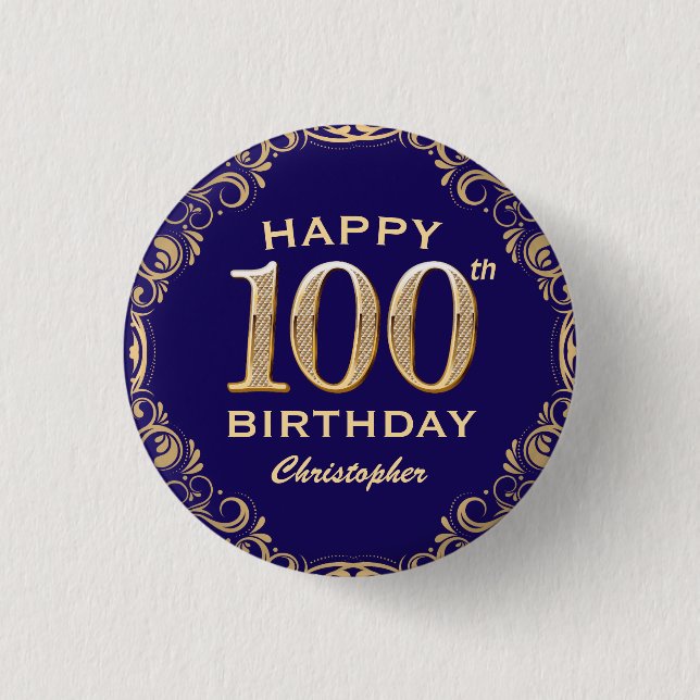 100th Birthday Party Navy Blue and Gold Glitter Button (Front)