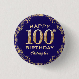 100th Birthday Party Navy Blue and Gold Glitter Button