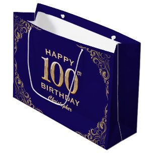 100th Birthday Party Navy Blue and Gold Glitter Large Gift Bag