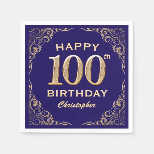 100th Birthday Party Navy Blue and Gold Glitter Napkins