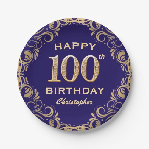 100th Birthday Party Navy Blue and Gold Glitter Paper Plates