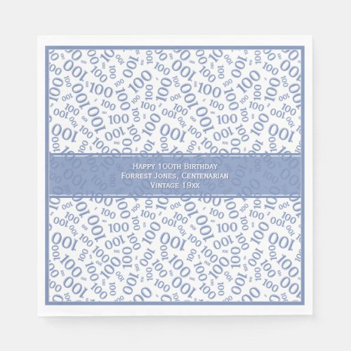 100th Birthday Party Number Pattern BlueWhite Napkins