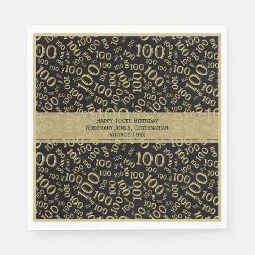 100th Birthday Party Number Pattern Gold and Black Napkins