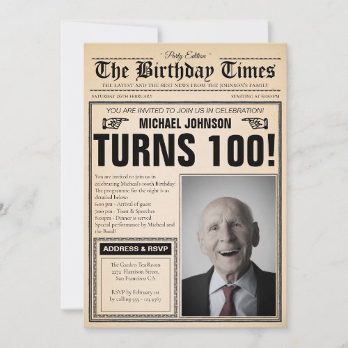 100th Birthday Party Old Newspaper Custom Photo Invitation