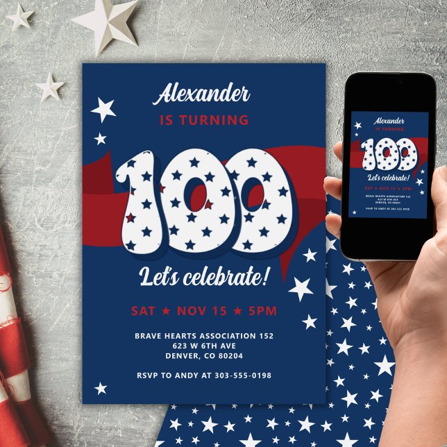 100th Birthday Party Patriotic Red White Blue Invitation (Creator Uploaded)