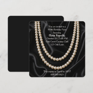 100th Birthday Party Pearls on Black Silk Invitation