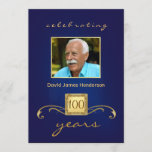 100th Birthday Party Photo Invitations - Blue<br><div class="desc">Personalized Birthday Party Invitations for any year -- Elegant and classy with decorative gold accents and monogram. Add your own photo and customize the name, date, and details for your happy celebration. Perfect for both contemporary or vintage photos. Matching postage and thank you cards available. **NOTE: Sized for standard 5...</div>