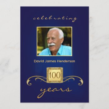 100th Birthday Party Photo Invitations - Blue by SquirrelHugger at Zazzle